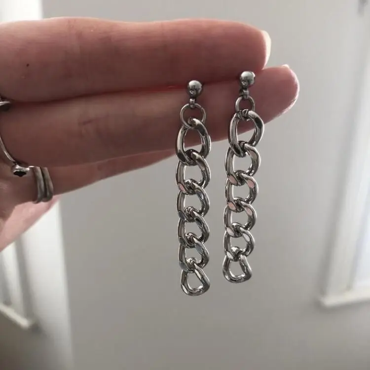 

Amazon Best Selling Silver Cuban Chain Drop Earrings Stainless Steel Link Chain Long Earrings For Women