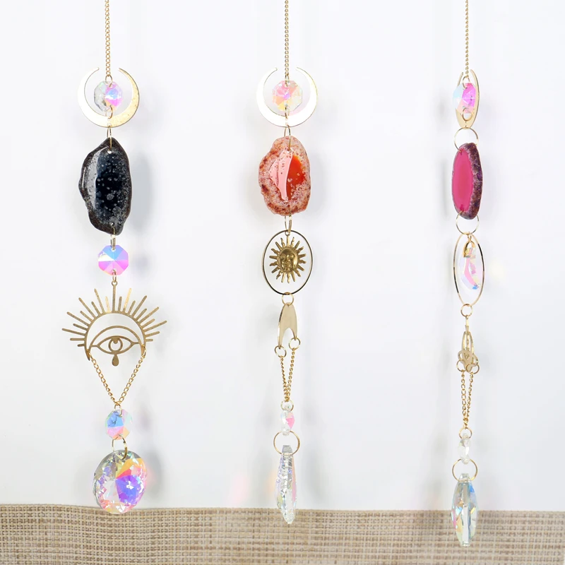 

hot selling home decoration agate slice suncatchers wall hanging craft witch rattan circle crystal wind bell blessing bell