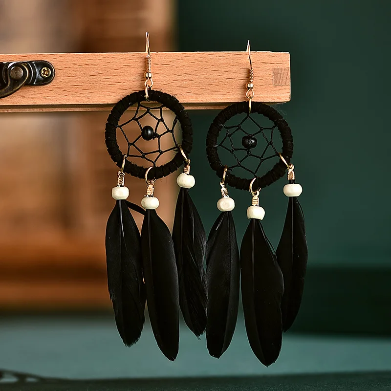 

Tassel Bohemia Women Wood Coffee Feather Summer Dream Catcher Drop Dangle Earrings Hand Made jewelry