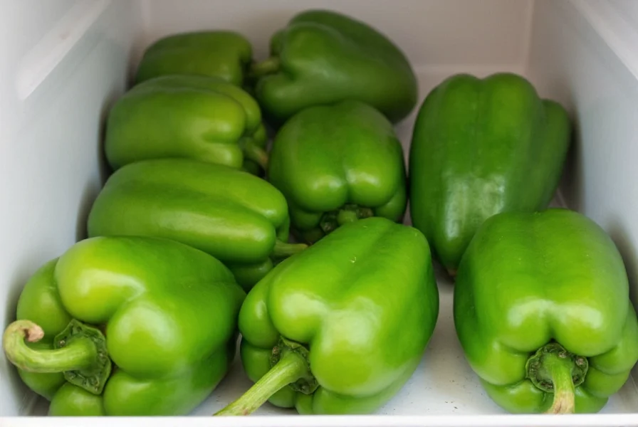 Green peppers stored properly in refrigerator crisper drawer with optimal humidity settings