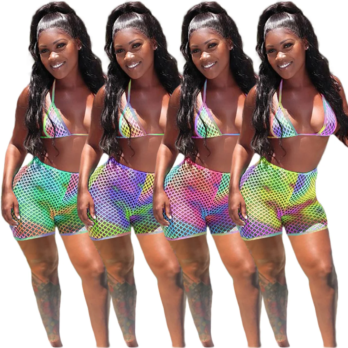 

Hot Selling Woman Rainbow Tie Dye Print 3 Piece Bikini Set Crochet See Through Beach Wear, Picture show
