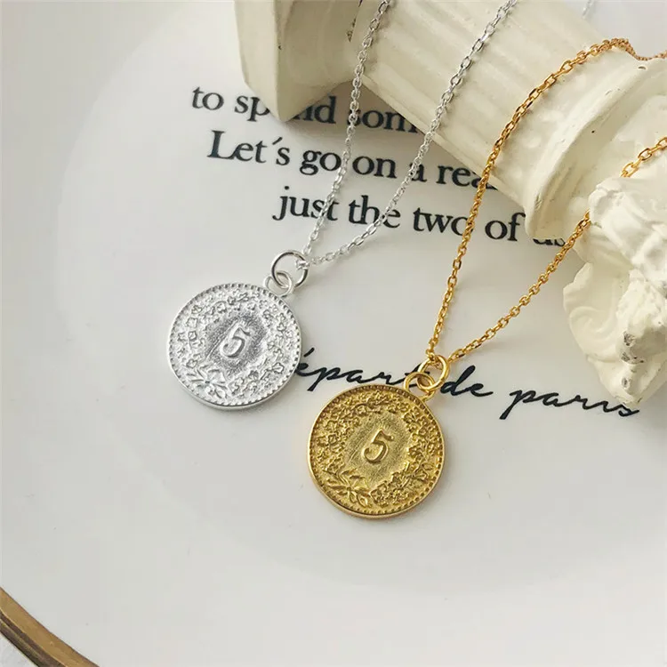 

Coin Circle Pendant Charm Pure Silver Chain Vintage Necklace, Picture shows