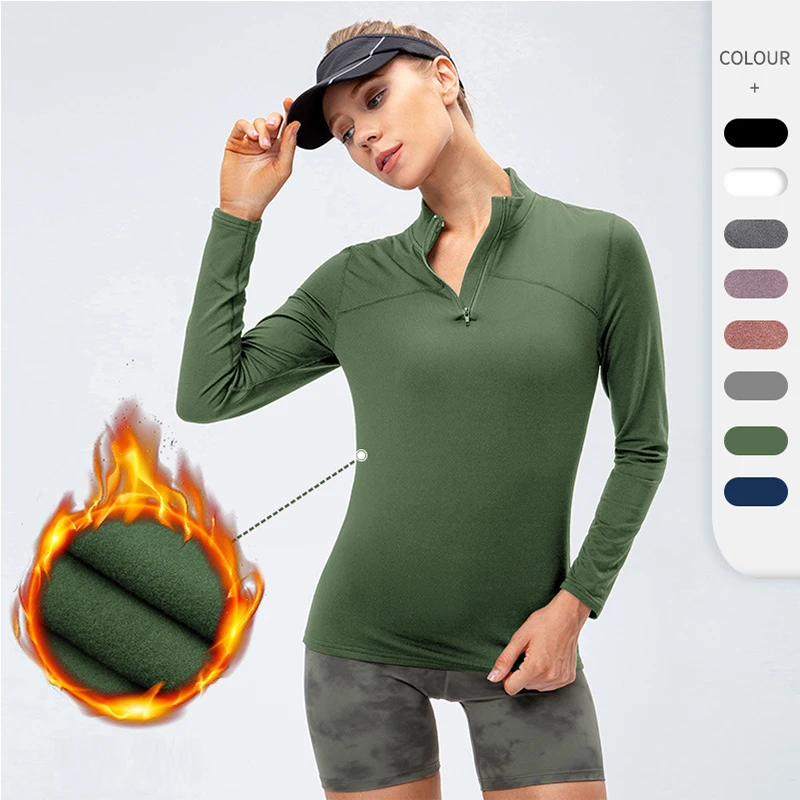 

2021 winter new plus velvet warm sports long sleeves half-zip stand-up collar fitness yoga jacket for women