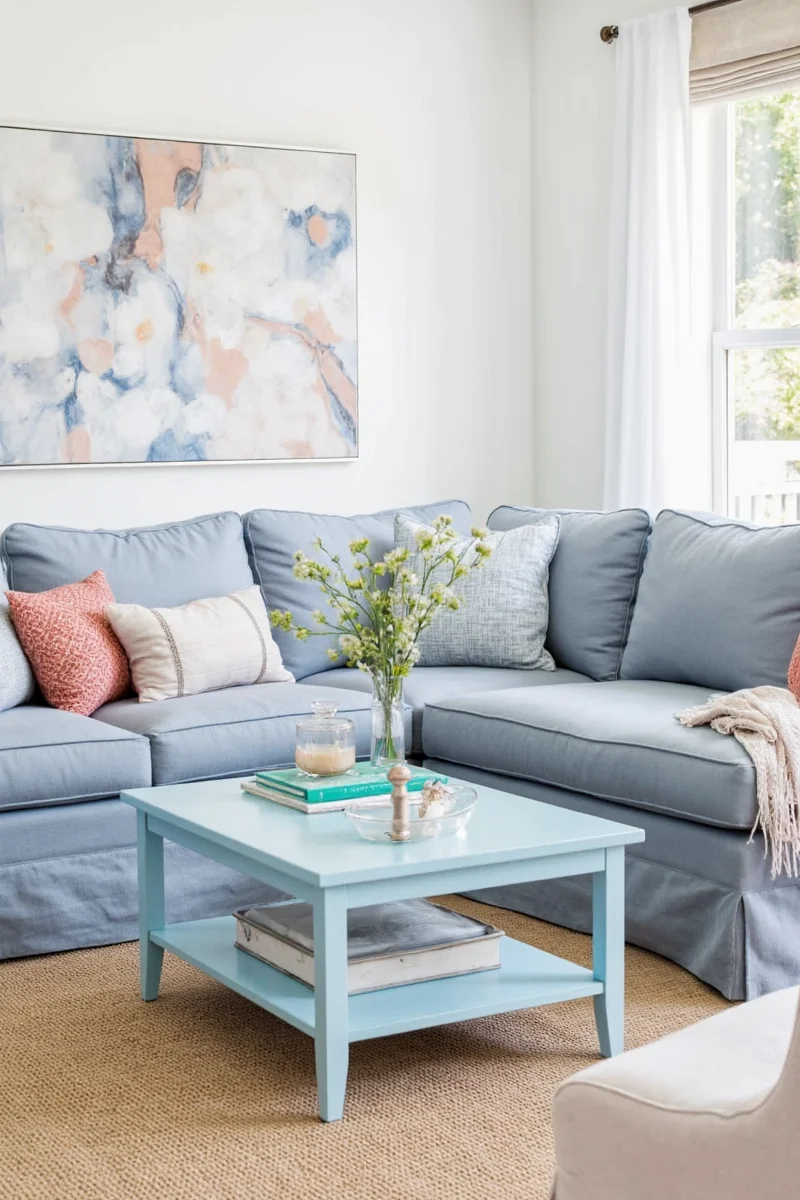 Five light blue coffee tables arranged side by side in a cozy living room setting.