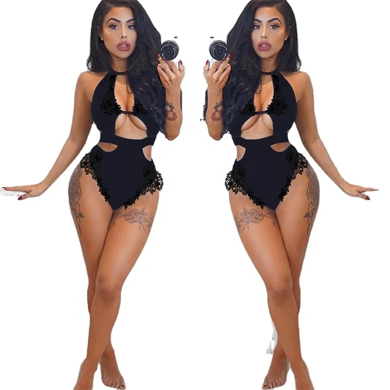 

Hot Sale Mesh See-through Printed Open Chest Bodysuit Black Women Sexy Lingerie, Black other color custom