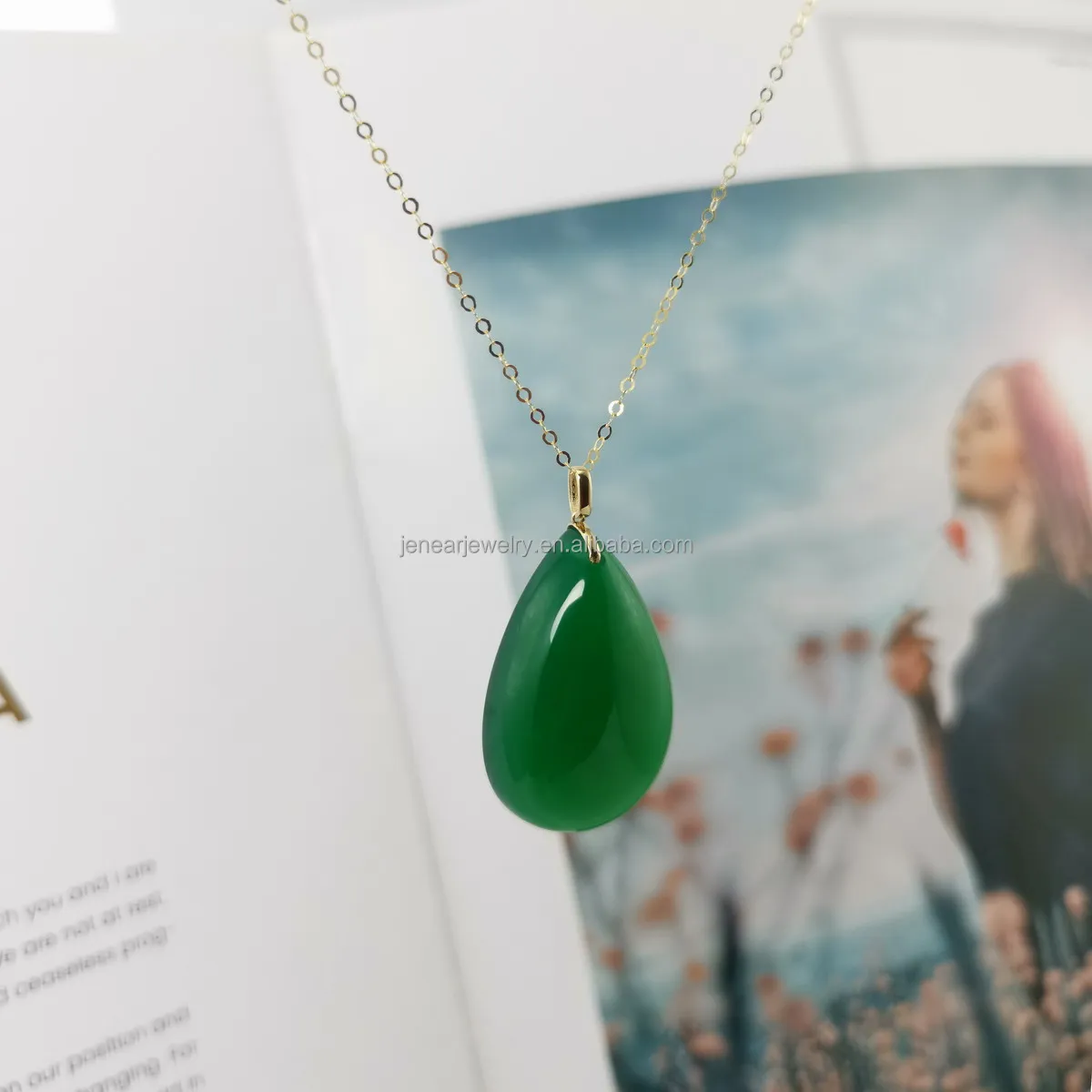 

Real solid 18K pawnable gold big green jade pendant pure 18k gold natural green chalcedony gem drop shape pendant jewelry