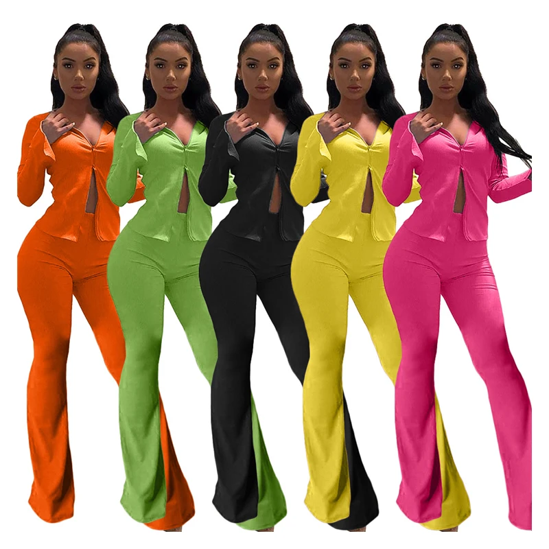

Latest Design Active Zipper Split Sleeve Solid Color 2 Piece Jogger Set For Women Wide Leg Flare Pants Outfits Set, As picture