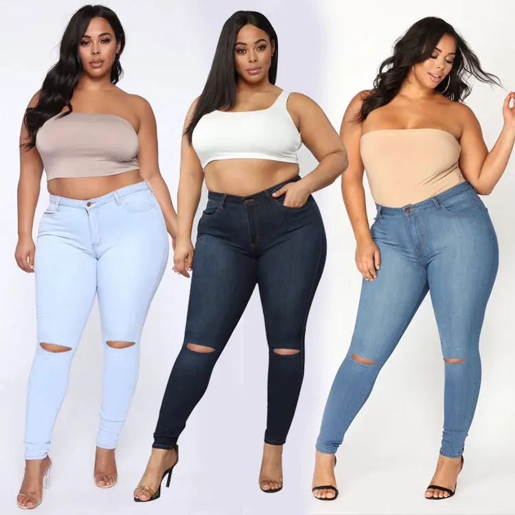 

2022 Fashion Style In Stock 2 Piece Wholesale Plus Size For Fat Women Jeans Usa 2xl-8xl Sizes By Ripped Jeans Women