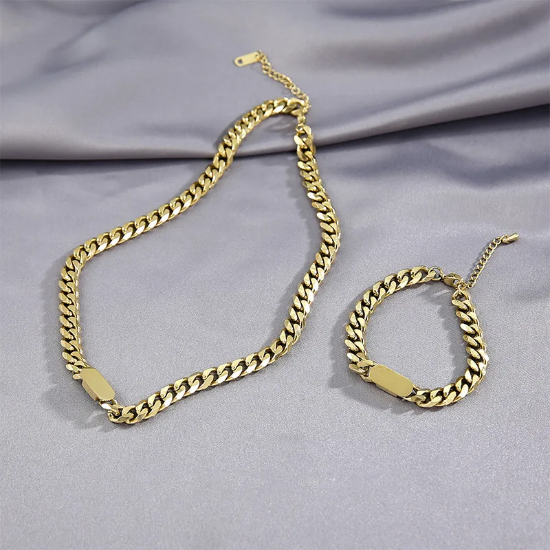 

No Fade Hip Hops Real Gold Plated Titanium Steel Link Chain Choker Necklace Chunky Stainless Steel Cuban Chain Bracelet Set