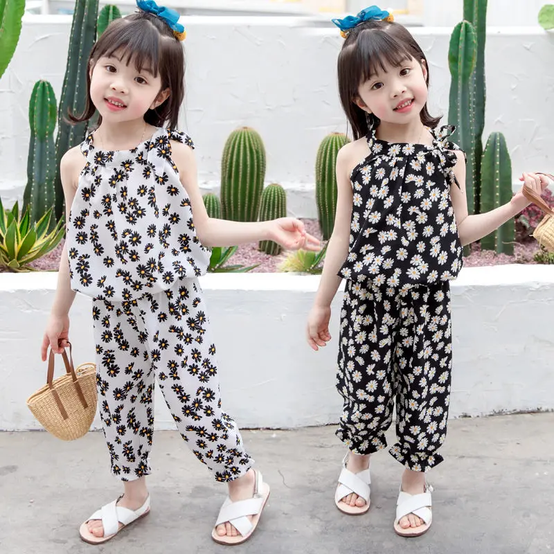

new Baby Girls suit summer Daisy cotton clothing sets children's girls vests+Pants kids girls flowers clothing sets P2032