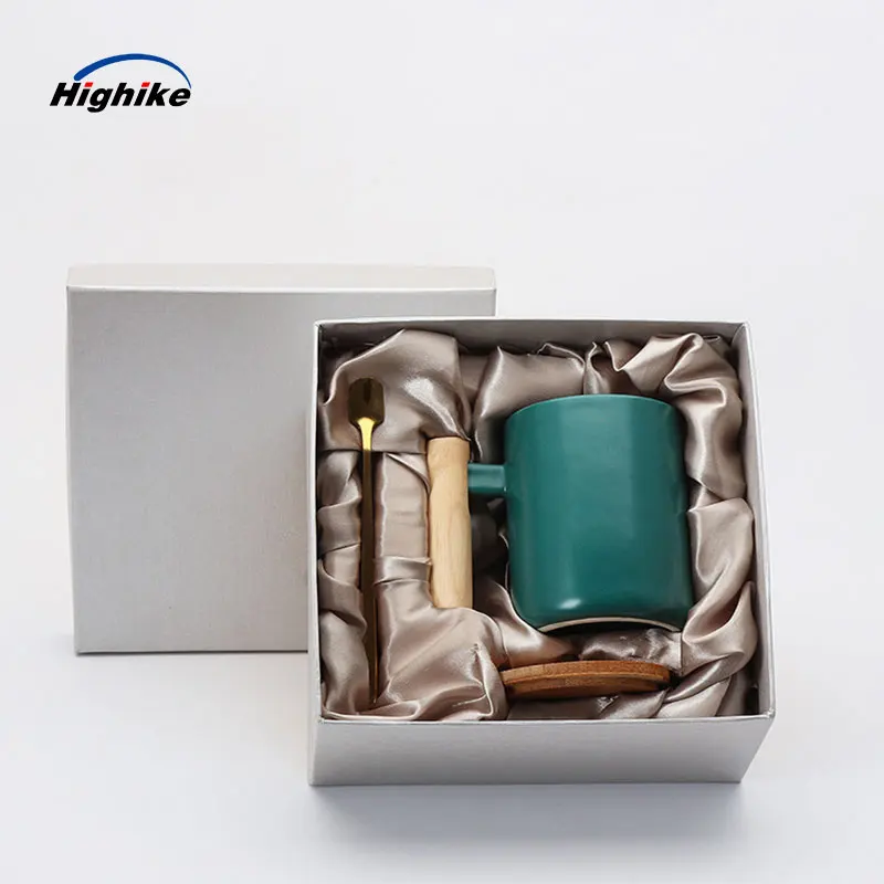 

Highike Custom logo ceramic tea cups gift box set bamboo lids 12oz porcelain coffee mug set