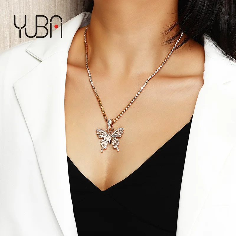 

Hot Selling Fashion 18K Gold Plated Crystal Tennis Chain Necklace Women Rhinestone Butterfly Pendant Necklace