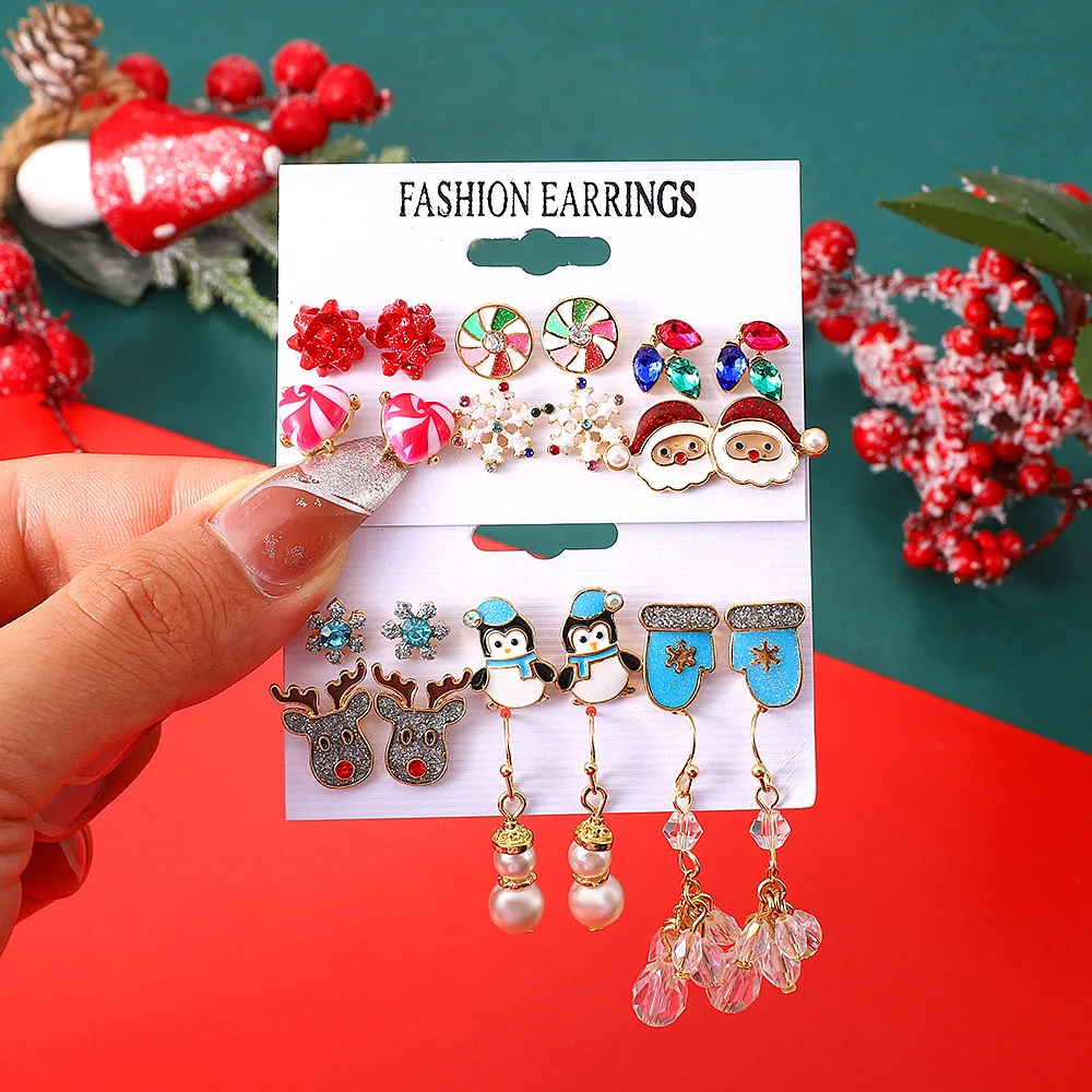 

6 Piece Set of Santa Claus Elk Snowman Stud Earrings Cute Enamel Candy Pearl Pendant 2022 Christmas Earring