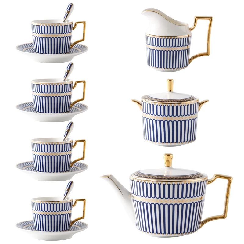 

Wedding Gift Vintage Gold Luxury Design Bone china Blue Stripy Ceramic Coffee Tea Set LOGO Customized Acceptable