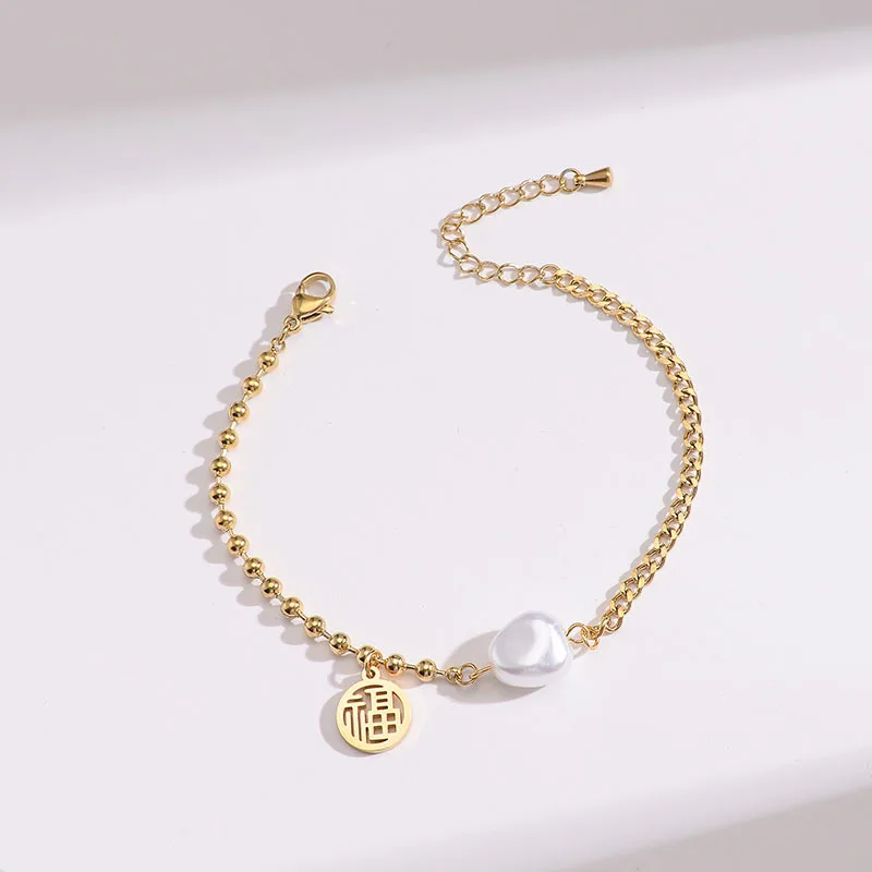 

Fadeless 18K Gold Plated 316L Stainless Steel Natural Pearl Bracelet FU Character Baroque Pearl Bracelet For Girl Lucky Jewelry
