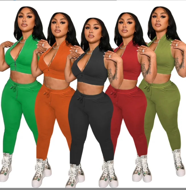 

2022 New Arrival Solid Color Casual Tracksuit Zippers sleeveless vest long Pant Two Piece Set Suit spring sweatsuits for women