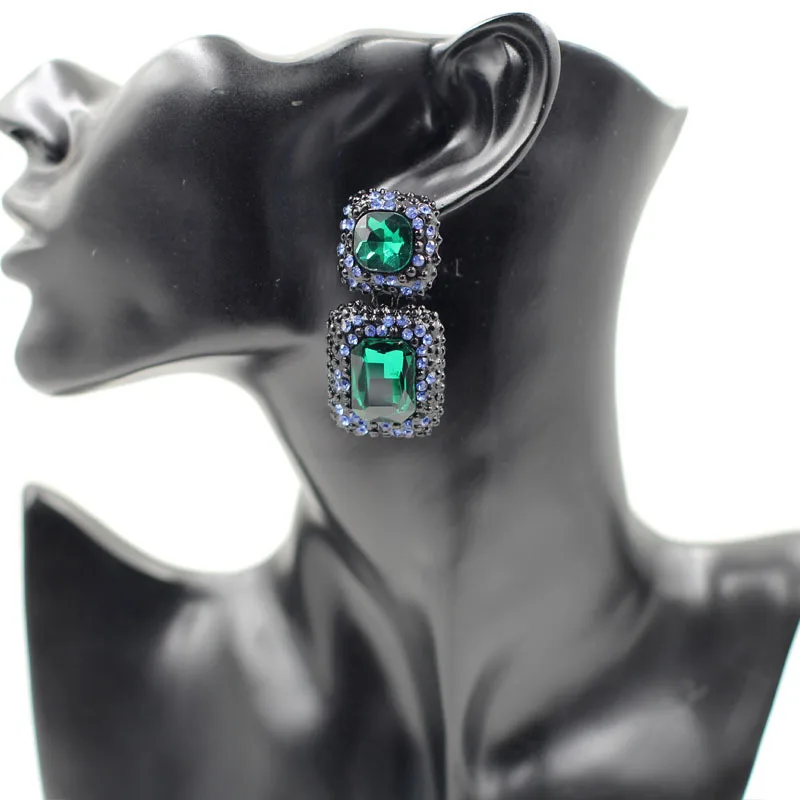 

Vintage Rectangle Blue Green Red Smoky Black Purple Clear Glass Pave Crystal Beads Pendant Charm Dangle Earrings For Women