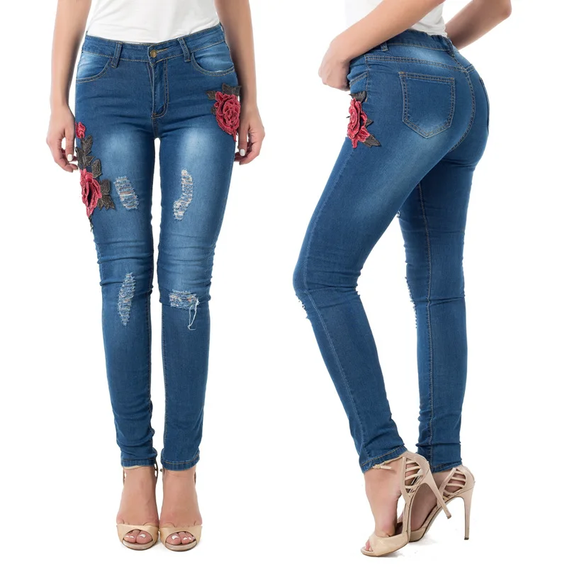 

New Style Embroidery Blue Dirty Wash Denim Jeans Stretch High Waist Casual Denim Pencil Pants