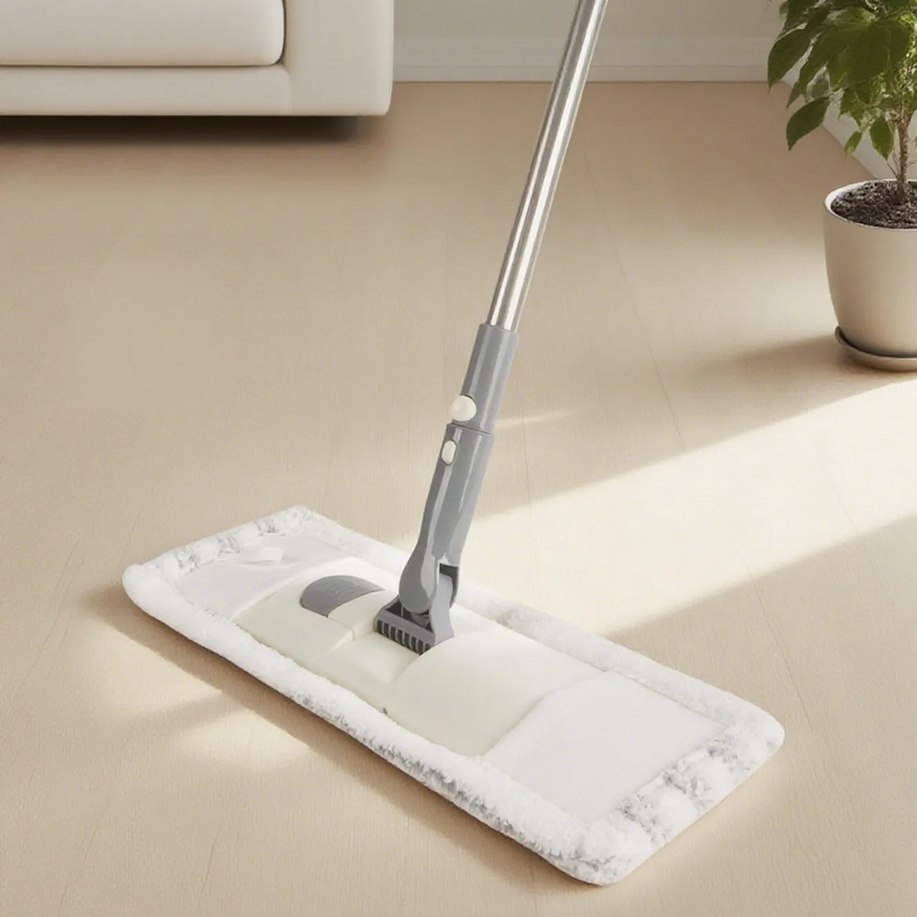 Coral velvet flat mop with a white plush pad and grey swivel joint on a stainless steel telescopic handle, resting on a wood-look floor