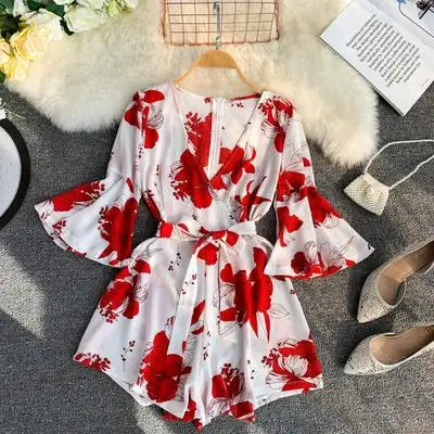 

New fashion women floral printed trumpet sleeve chiffon short jumpsuits with belt