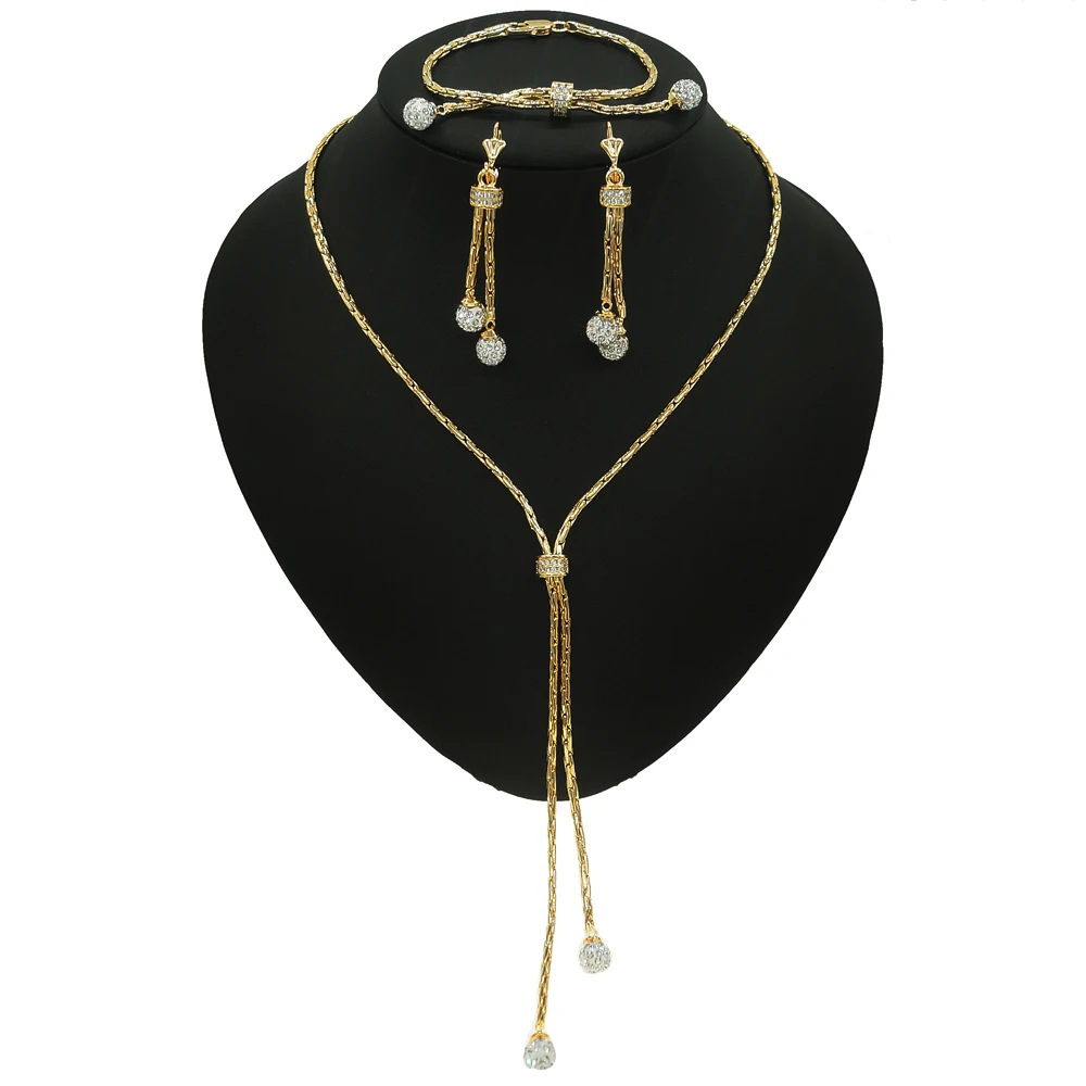 

High Quality Rhinestones gold plated Alloy wedding long drop xo Crystal round ball design necklace set African gift jewelry set