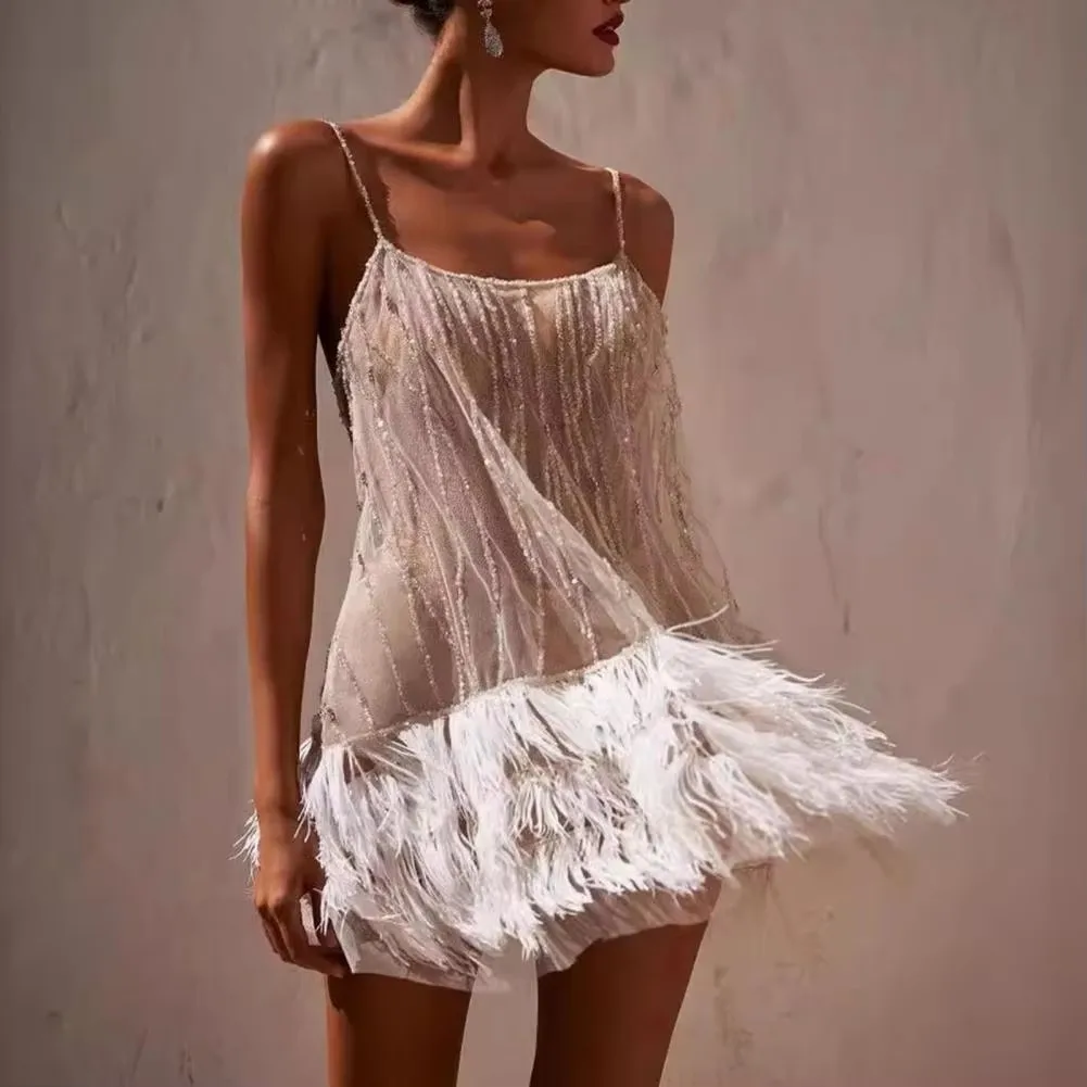 S-XXL Elegant Fringed Hem Sequin Slip Dress Women Cocktail Banquet Club Mini Low-cut Backless Suspender Natural Waist Breathable