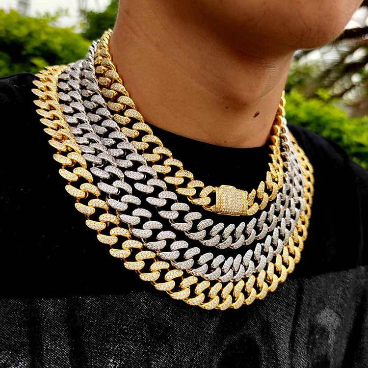 

GZYS JEWELRY Wholesale High Quality 15mm Mens Necklace and Bracelet Diamond Cuban Link Chain for Man