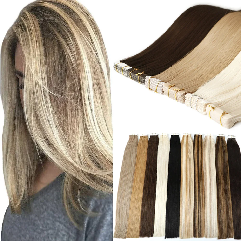 

Large Stock Quality Double Drawn Remy Tape In Hair Extensions 100% Russian Invisible Skin Weft Tape In Hair Extensions