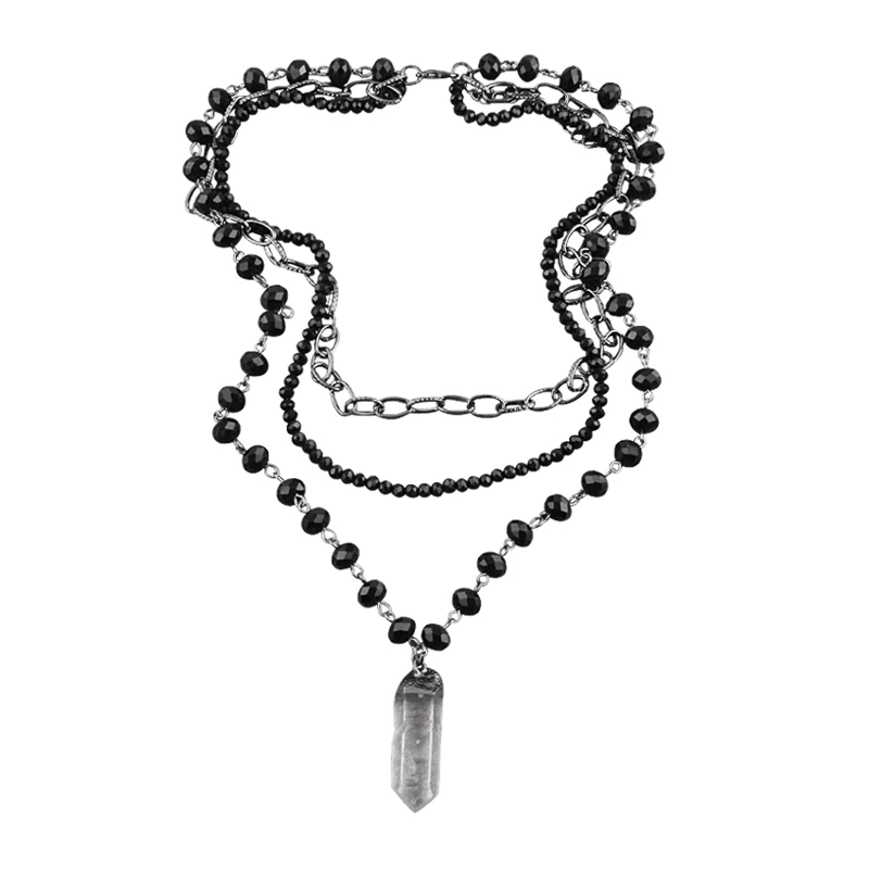 

Fashion 3 Layer Strand Multiple Necklace Black Crystal Rosary Link & Chain Long Hexagon Transparent Druzy Pendant Necklace