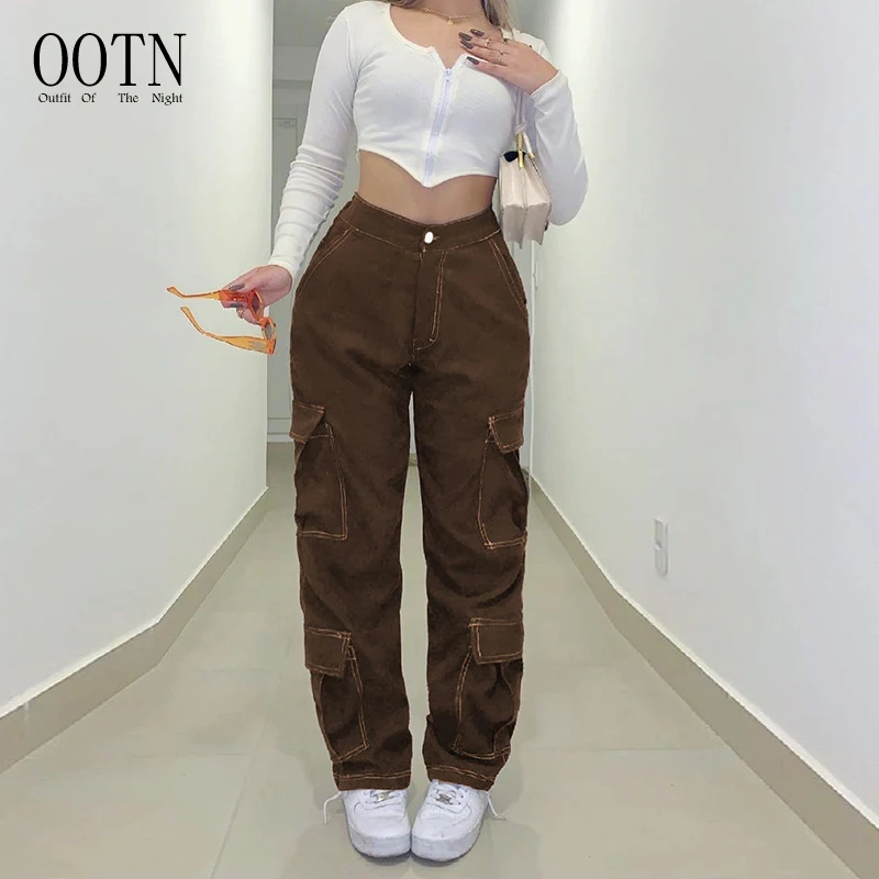 

OOTN Street Retro Capris 90S Women Y2K Hip Hop Cotton Harajuku Grunge Baggy Joggers Brown Vintage Straight Leg Cargo Pants