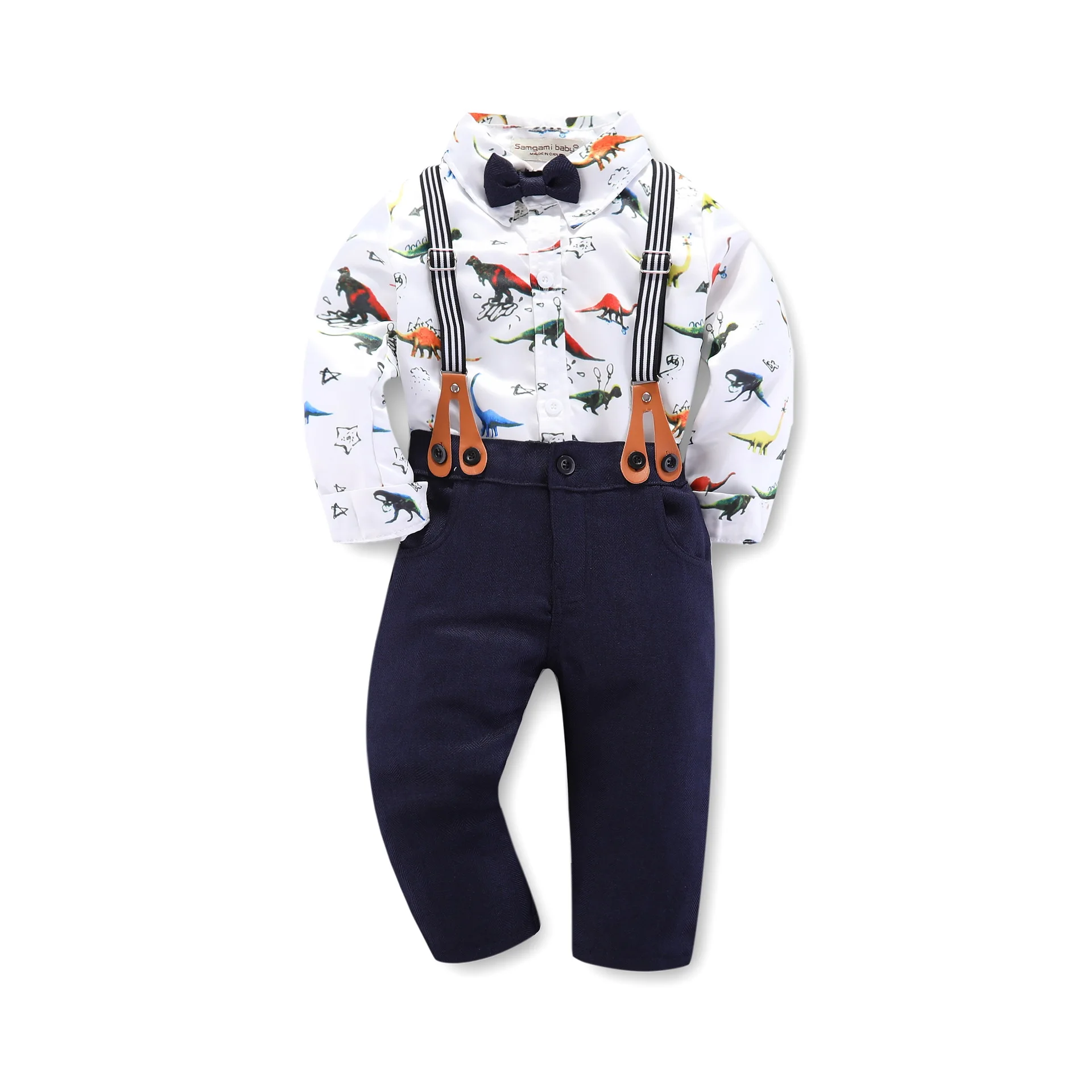 

Baby style gentleman bow tie suspender boys stylish suit Dinosaur print shirt trousers set kids clothes boys for hot styles, As pic shows, we can according to your request also