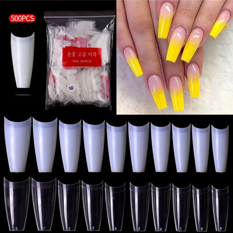 

New Design Coffin Xl 500 Pcs Acrylic Long Tapered Square False French Extension Half Cover Abs Plastic Medium Nail Tips