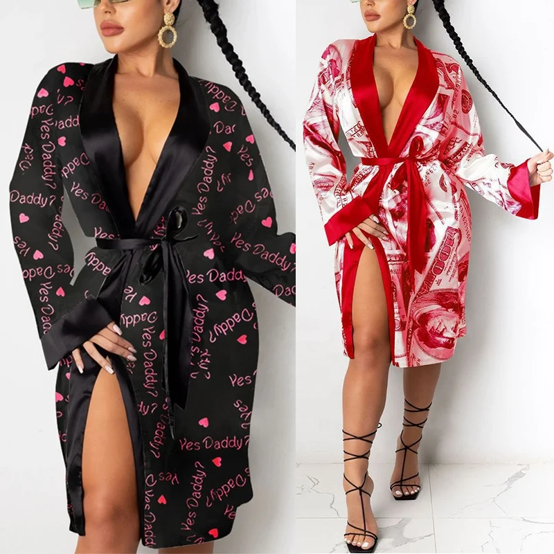 

2021 Sexy Printing Yes Daddy Robes,Mid-length Summer Satin Pink Robe,Wholesale Custom Women Money Robes