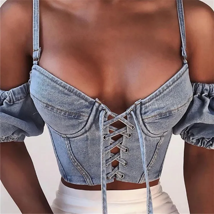 

Wholesale Sexy Denim Strap Slim Women Blouses Casual Chain Crop Tops Tank Top