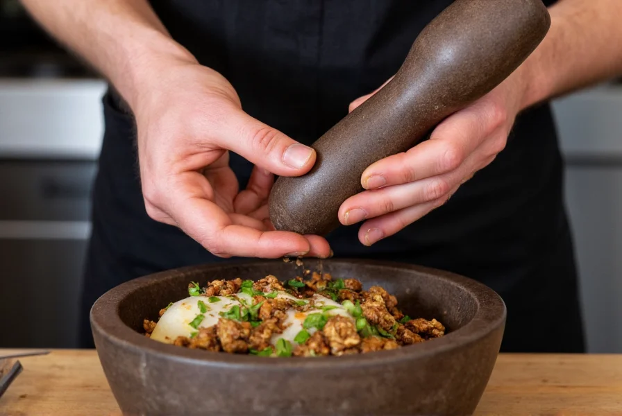 Chef grinding whole melegueta pepper seeds in a mortar and pestle for a gourmet dish showcasing cooking with melegueta pepper