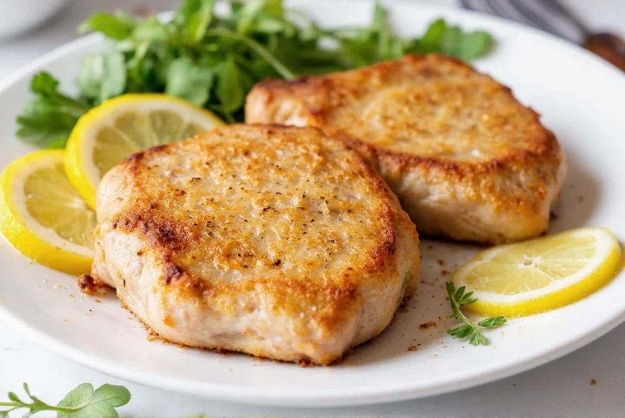 Perfectly seared lemon pepper pork chops with golden crust, fresh lemon slices, and herbs on white plate