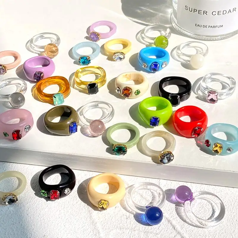 

Trendy Colourful Transparent Resin Rings Clear Geometric Square Round Shape Acrylic Rings for women Jewelry, Silver plated