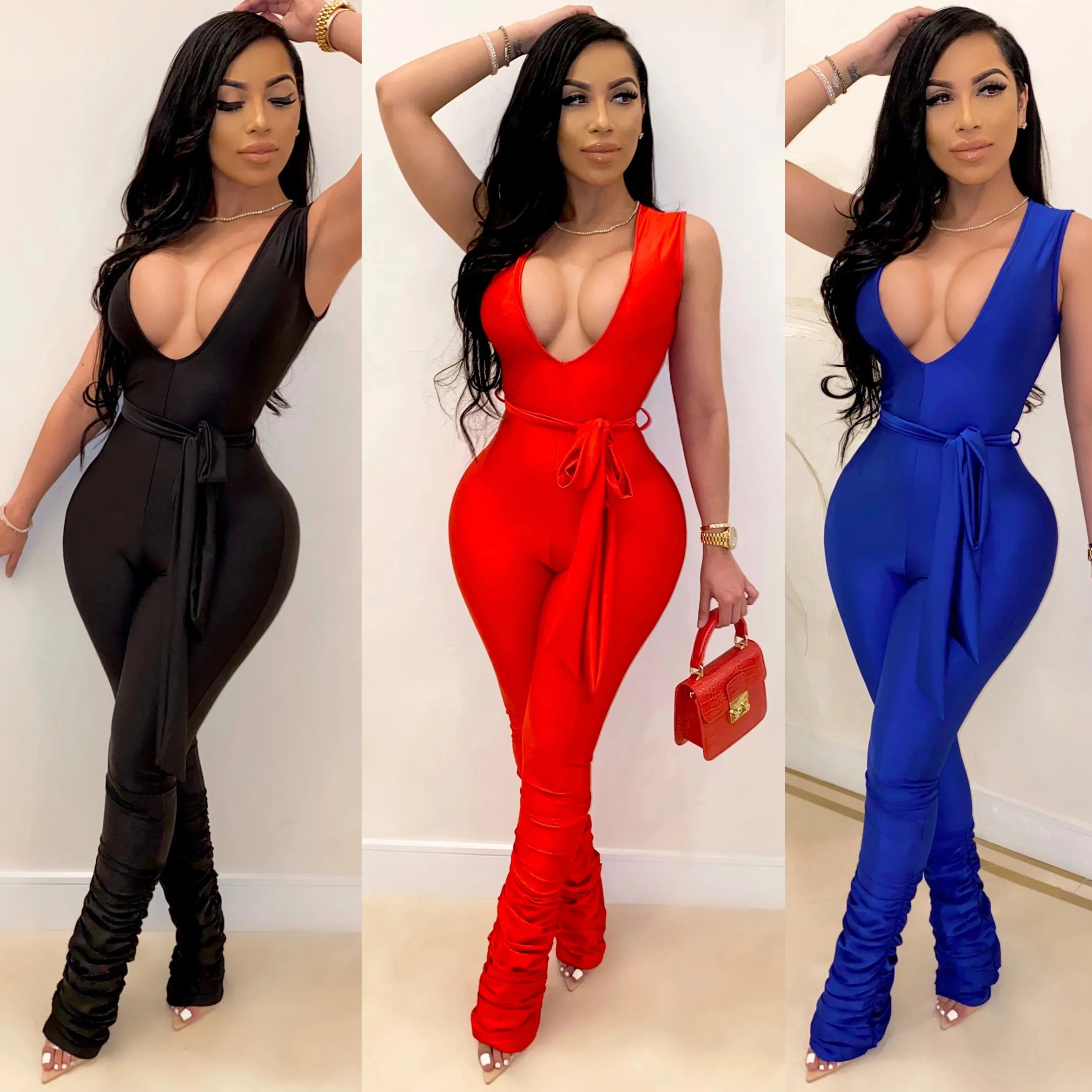 

Summer Women's Fashion Middle Waist Sleeveless Zipper Hip Hip Deep V Belt Elastic Pleated Jumpsuit