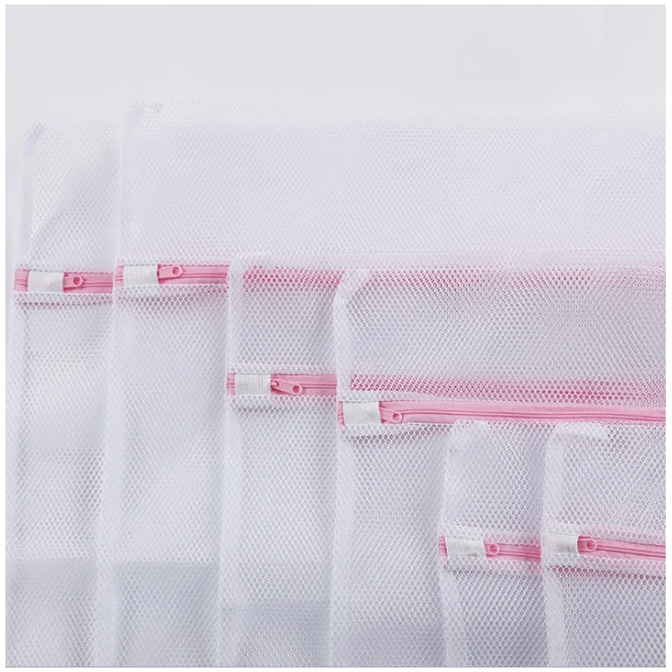 

7 Pieces Set Exquisite Mesh Laundry Bag Durable Underwear Plastic Nylon Laundry Wash Bags, Overall white zipper pink