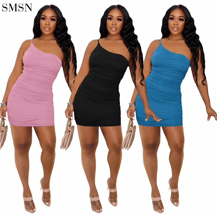 

Pleated One Shoulder Sexy Dress Party Dresses 2022 Women Sexy Casual Mini Dress