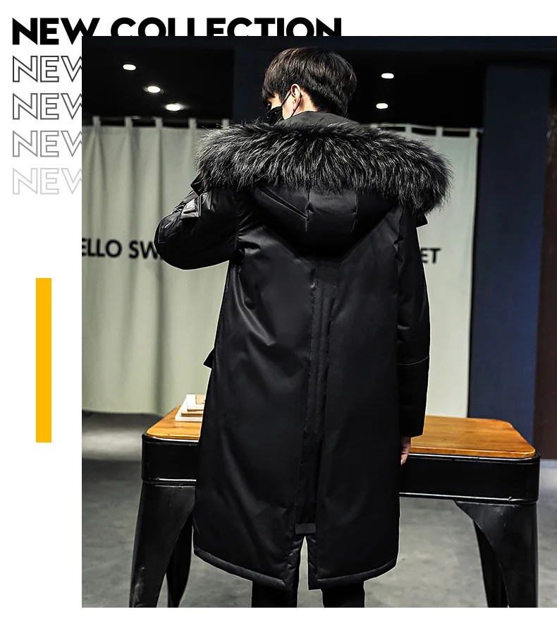 Japanese Long Black Down Jacket Coat Men Fur Parka Winter Long Trench Coat For Men