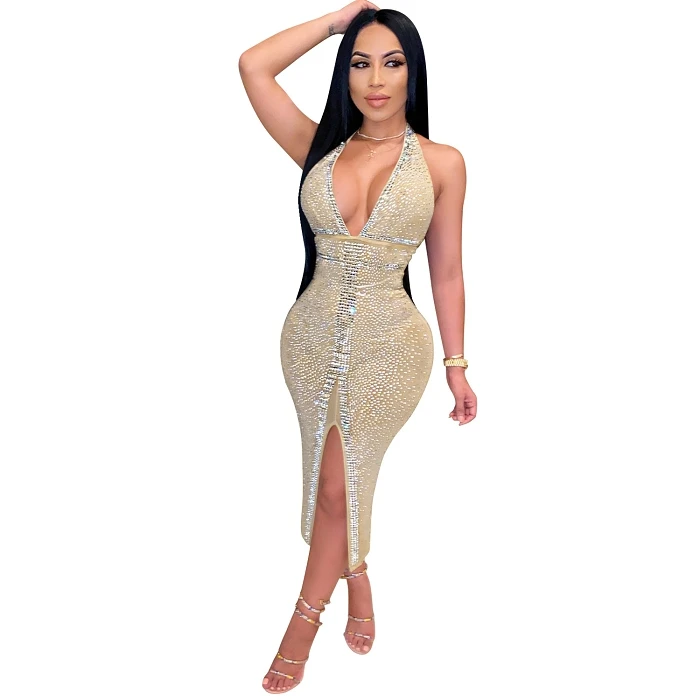 

Fashion Knitted Ladies Mesh Rhinestone Backless Party Bodycon Clothing Sexy Night Club Midi Women Glitter Dress