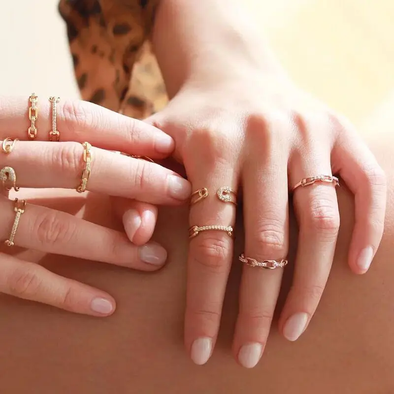 

Fashion Adjustable Brass Gold Plated Diamonds Cubic Zircon CZ Stone Micro Paved Link Chain Skinny Rings Crystal Ring for Women