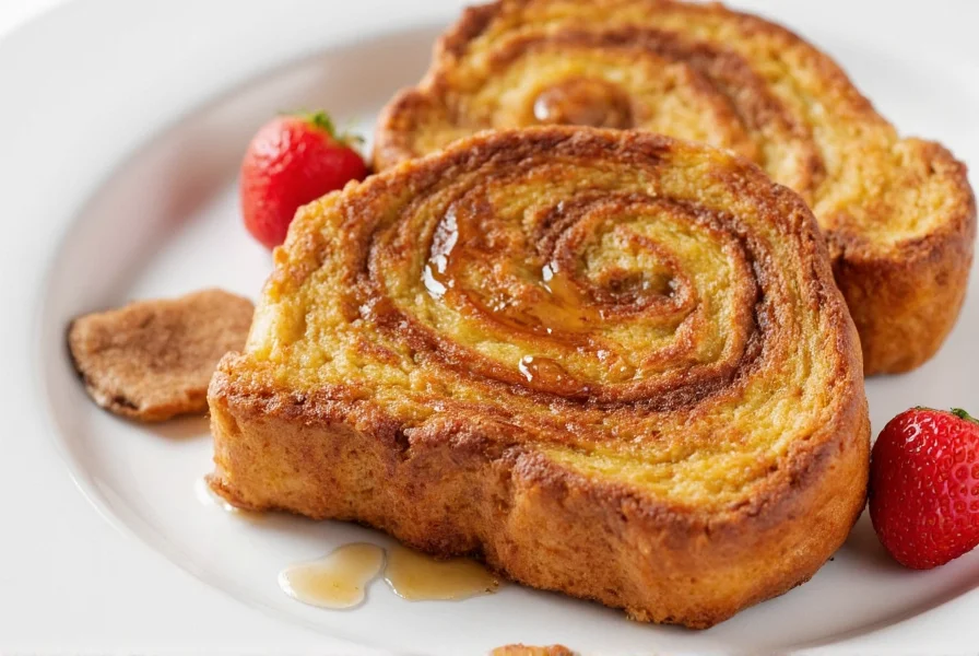 Perfectly cooked cinnamon swirl french toast with visible marbling, served with maple syrup and fresh berries