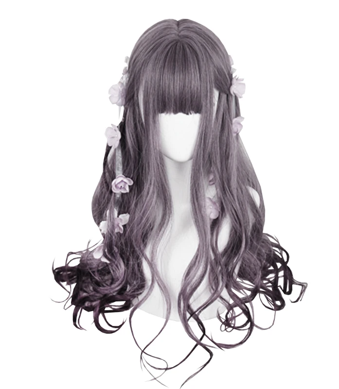 

Purple Burgundy Gradient Long Curly Synthetic Hair Wigs Lolita Japanese Cosplay Sweet Makeup Party Cute Natural Daily Wigs, Pic showed