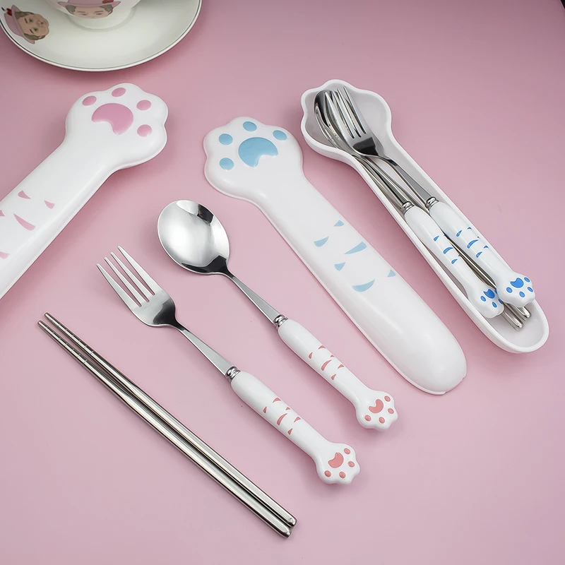 

Travel Camping Portable Flatware Cat Paws Stainless Steel Spoon Fork Chopsticks Cutlery Set With Storage Box