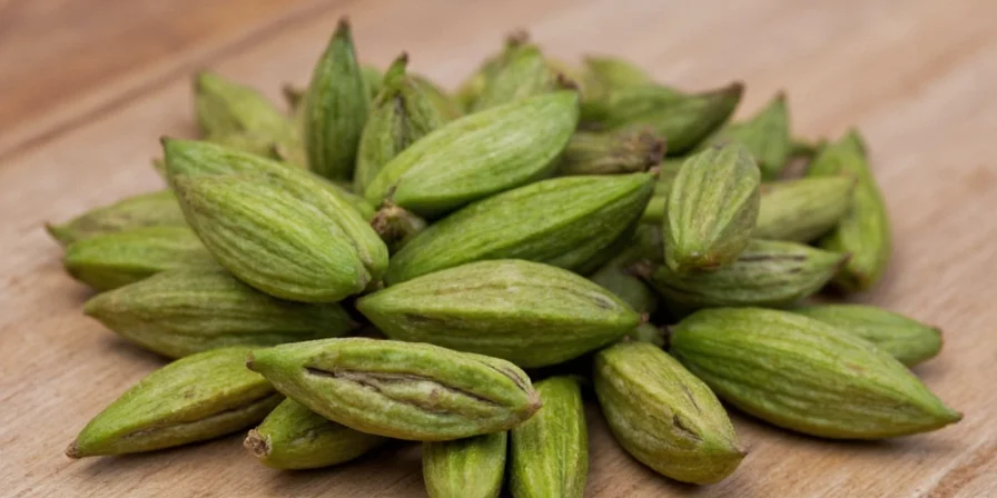 Fresh green cardamom pods on wooden table