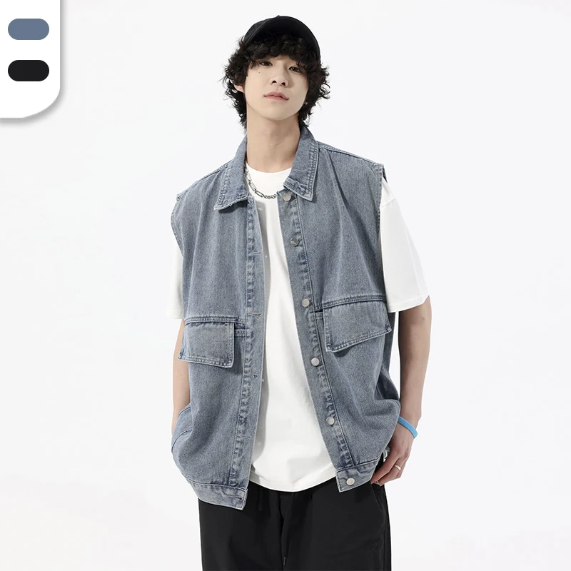 Latest Denim Waistcoat Designs for Men 2024 Leisure Street Wear Custom Logo Put-on Jean Vest Denim Sleeveless Jacket
