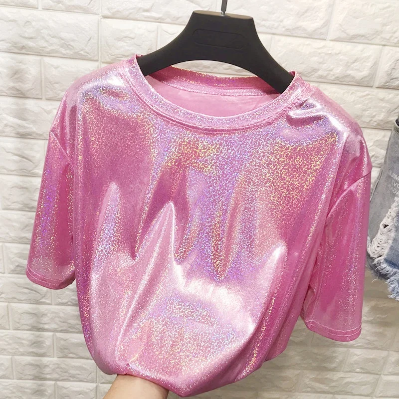 

DLL 008 2021 new design summer tops with shiny reflective casual women's blouses & shirts