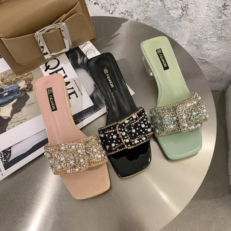 

Popular Logo Rhinestone Slippers High Heels For Women With The New Summer Chic Small Pearl Web Celebrity Androgyny Shoes, Black, pink, light green